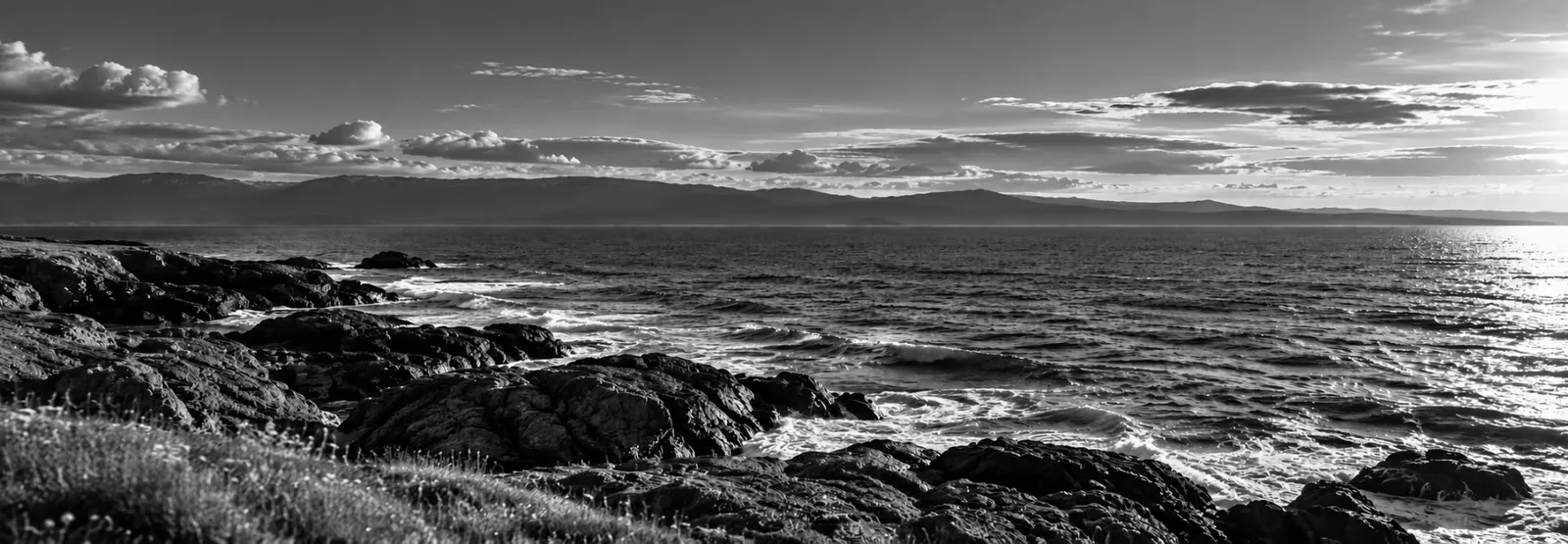 Black-and-white view of the Victoria, BC coastline — waves over rocks with mountains on the horizon