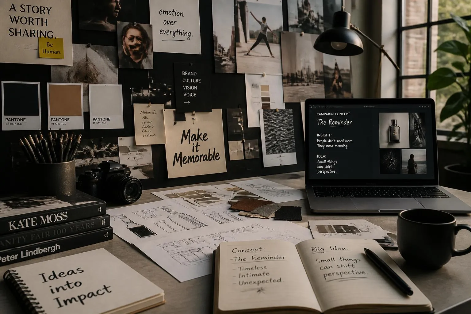 Creative workspace with ideas, brand references, and design in progress